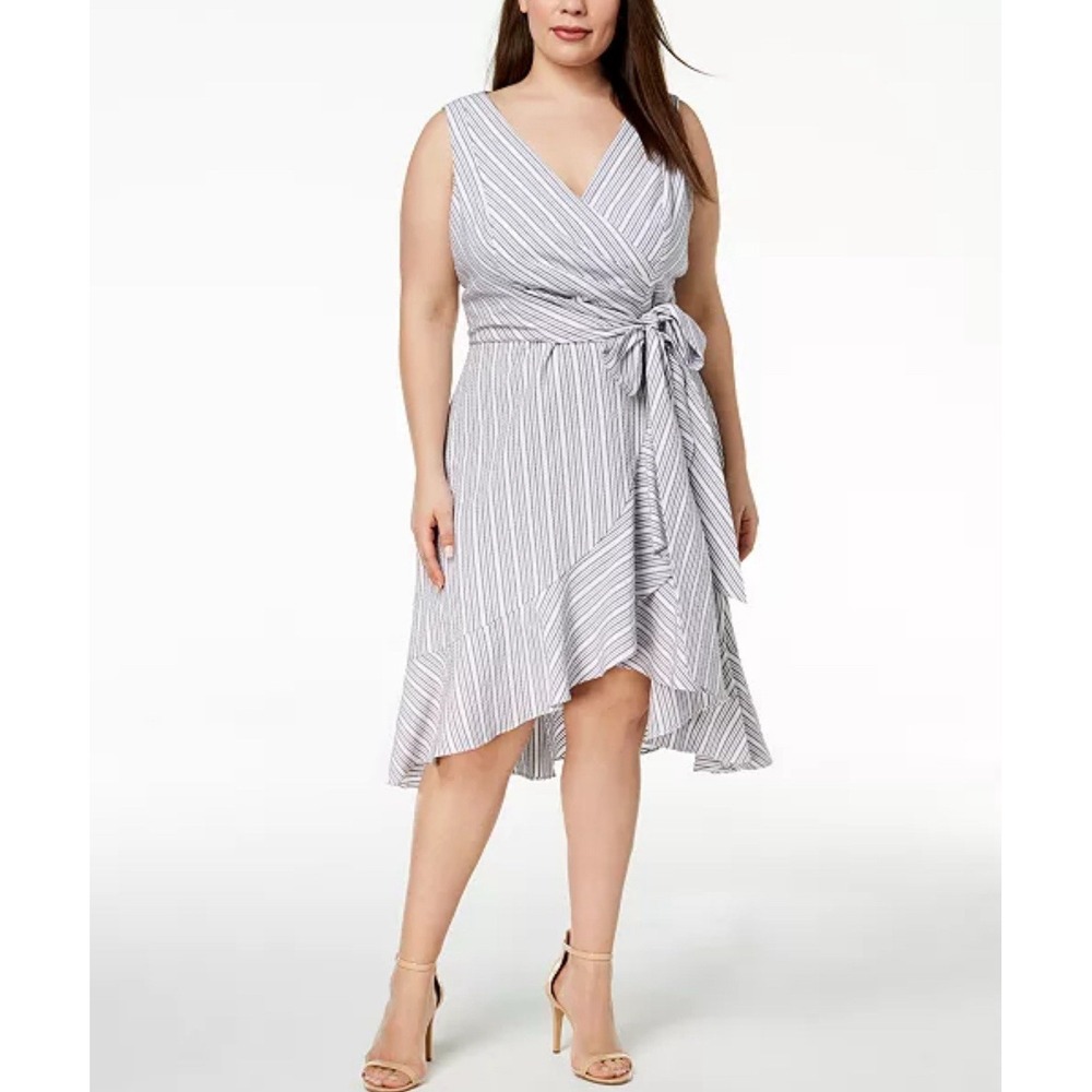 Calvin Klein Women's Faux Wrap Midi Dress Womens 14 Blue White Stripe‎ Feminine
